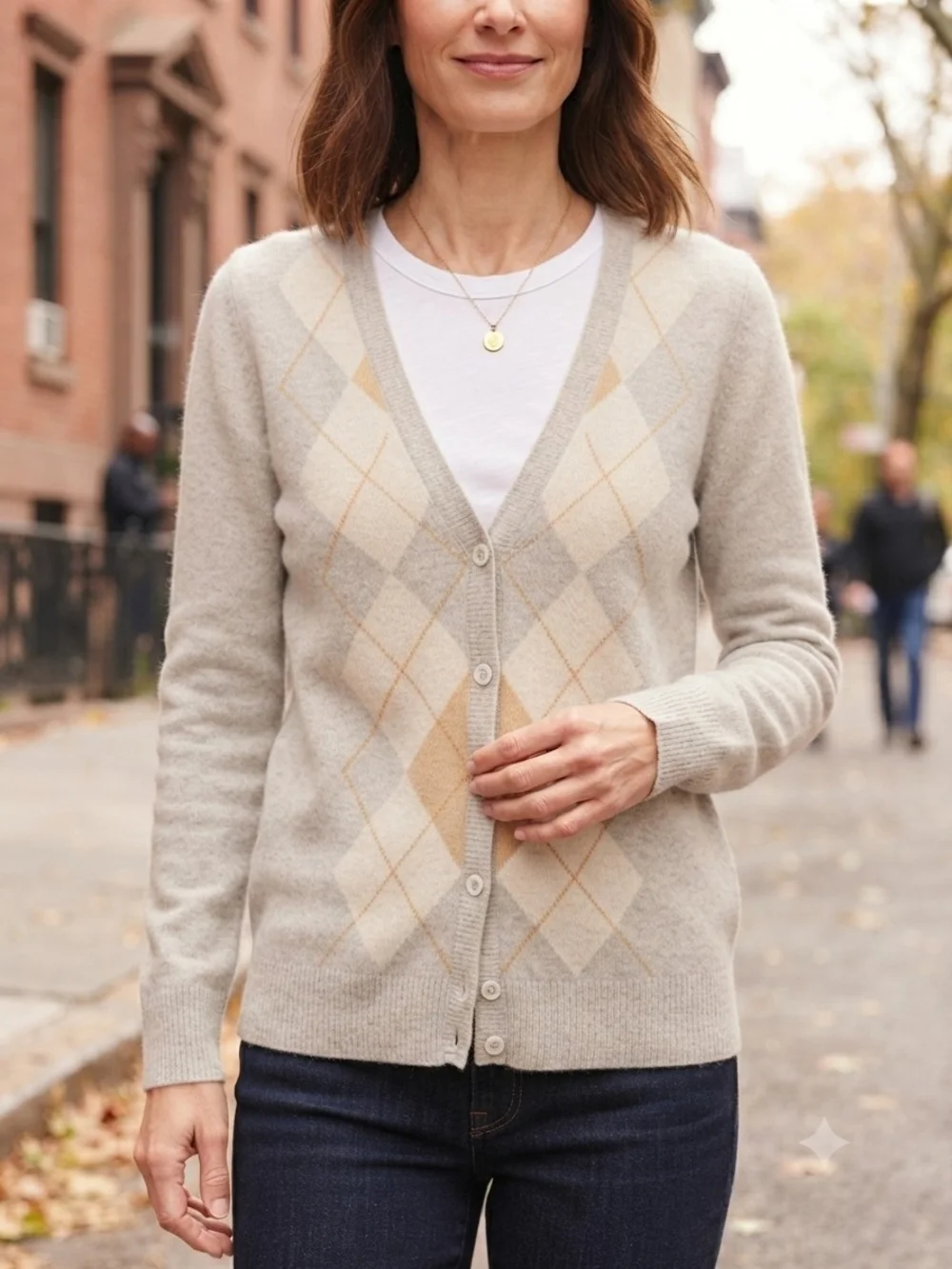 J. Crew Beige and Cream Argyle V-Neck Cardigan